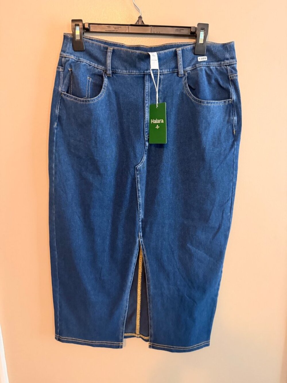 Halara L Blue Stretch Denim Pencil Skirt With Front Slit Size L New With Tags